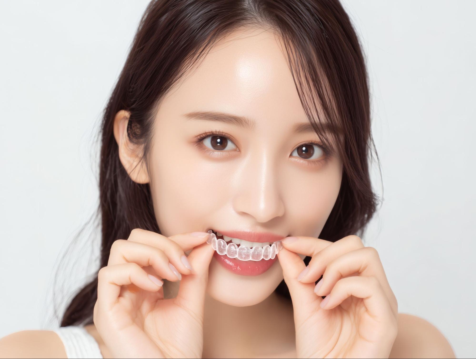 マウスピース矯正装置をつける女性